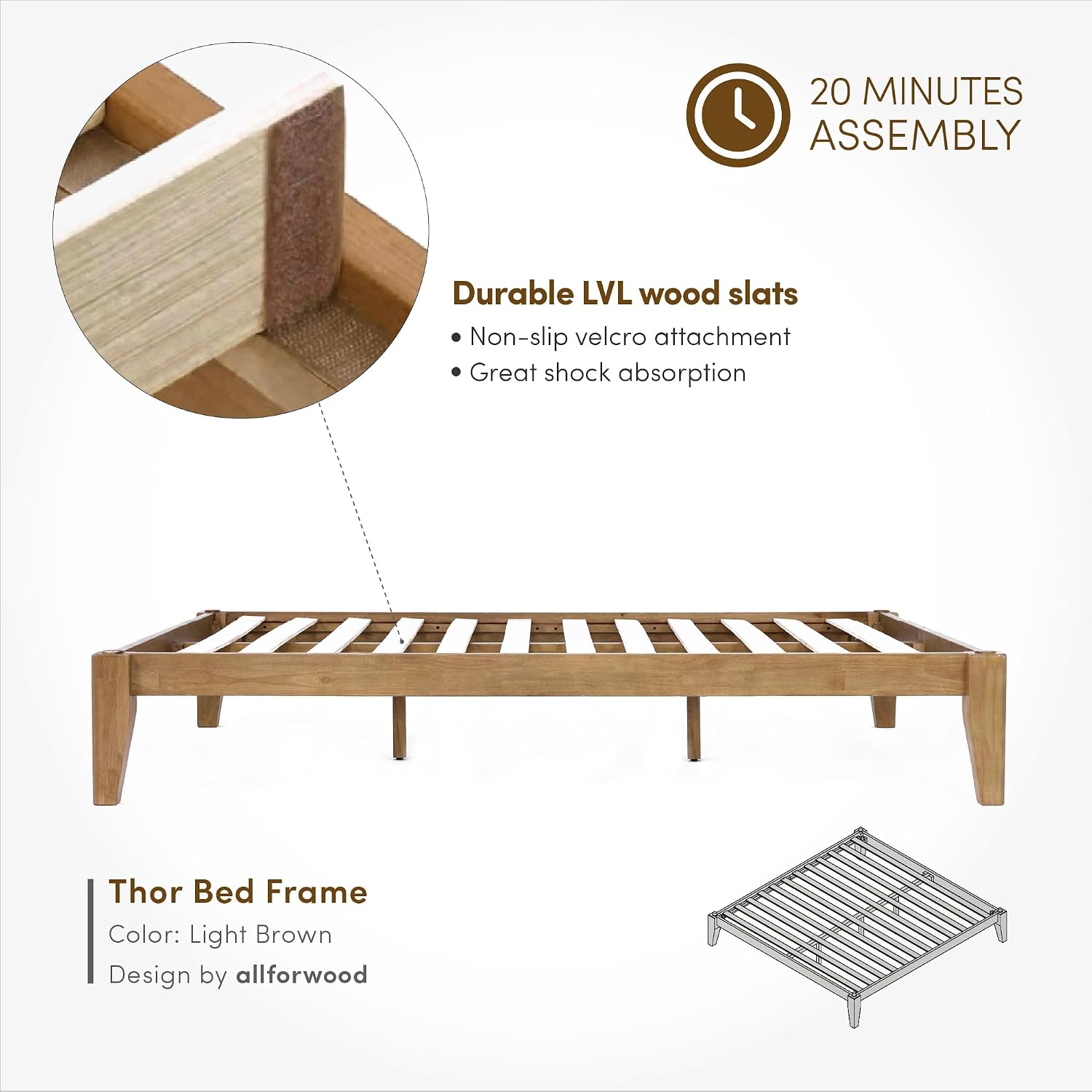 Thor Premium Solid Wood Bed Frame Full, Japanese Joinery Bed Frame with Wood Slat Support, Platform Bed, No Box Spring Needed, Easy Assembly, Minimalist & Modern Style (Light Brown)