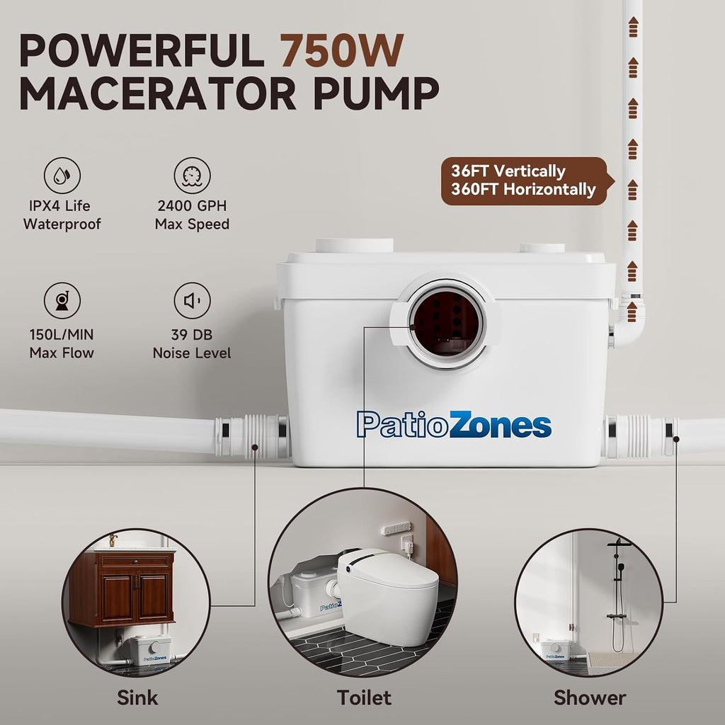 Smart Toilet with 750PRO Macerator Pump for Basement Upflush Macerating System, Tankless Bidet Toilet with Heated Dryer Warm Water, Remote Control, 3 Inlets Grinder Pump for Waste Water Disposal