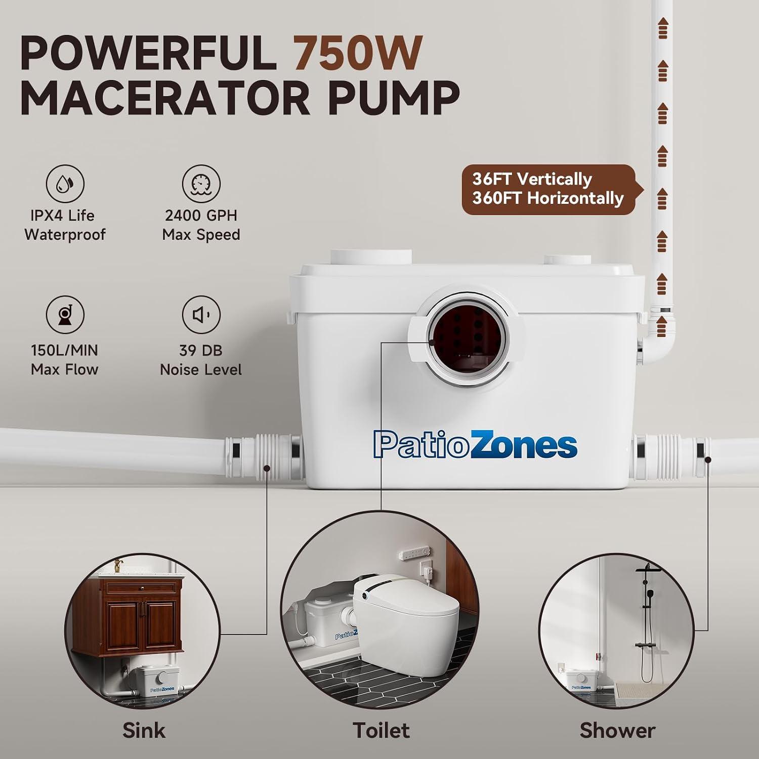 Smart Toilet with 750PRO Macerator Pump for Basement Upflush Macerating System, Tankless Bidet Toilet with Heated Dryer Warm Water, Remote Control, 3 Inlets Grinder Pump for Waste Water Disposal