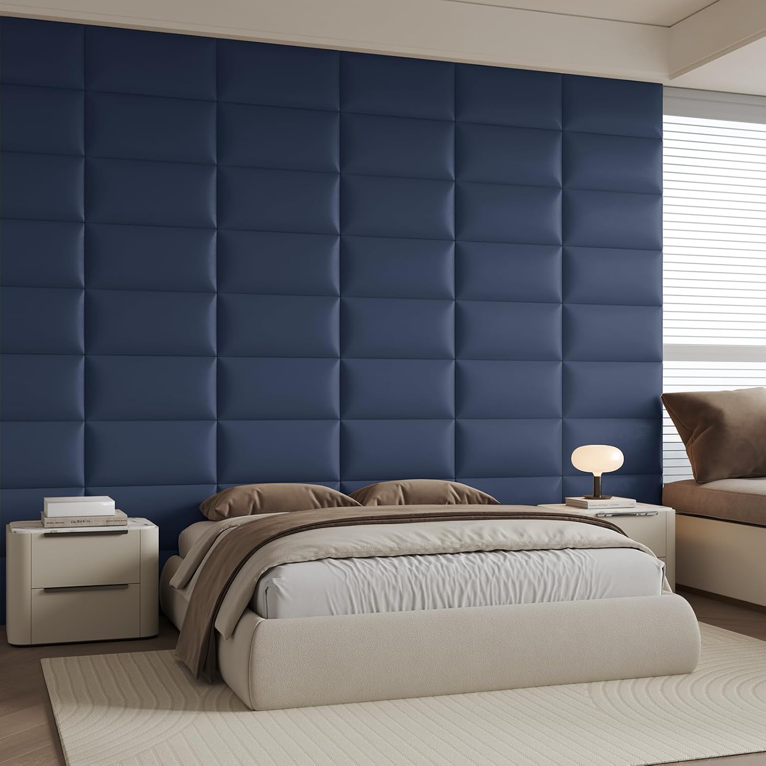 Blue Upholstered Wall Panels, 12-Pack, 24x12 Inches, Faux Leather Soundproof Padding for Bedroom Décor, DIY Headboard Installation for Queen, King, or Full Beds, Modern Style, Easy to Maintain