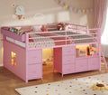 ADORNEVE Low Loft Bed Full Size with 7 Storage Drawers, Bookcase and LED Lights, Metal Kids Loft Bed with 14' H Safety Guardrail,Inclined Ladder and Play Curtain, Under-Bed Play Space, Pink