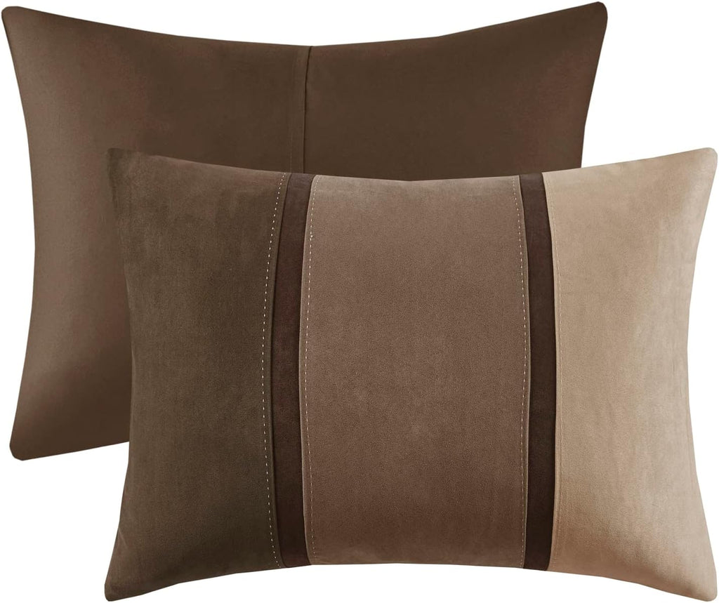 Madison Park Palisades Comforter Set Modern Faux Suede Pieced Stripe Design, All Season Down Alternative Cozy Bedding with Matching Shams, Decorative Pillows, King(104'x92'), Brown 7 Piece
