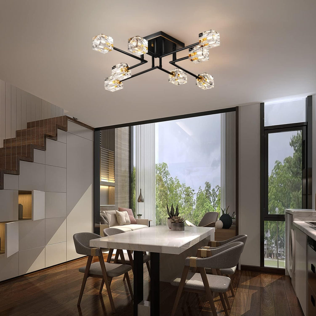 8-Lights Semi Flush Mount Ceiling Light Fixture,Black and Gold Modern Crystal Chandeliers,Farmhouse Lighting Fixtures for Dining Room Living Room Kitchen Bedroom Entryway