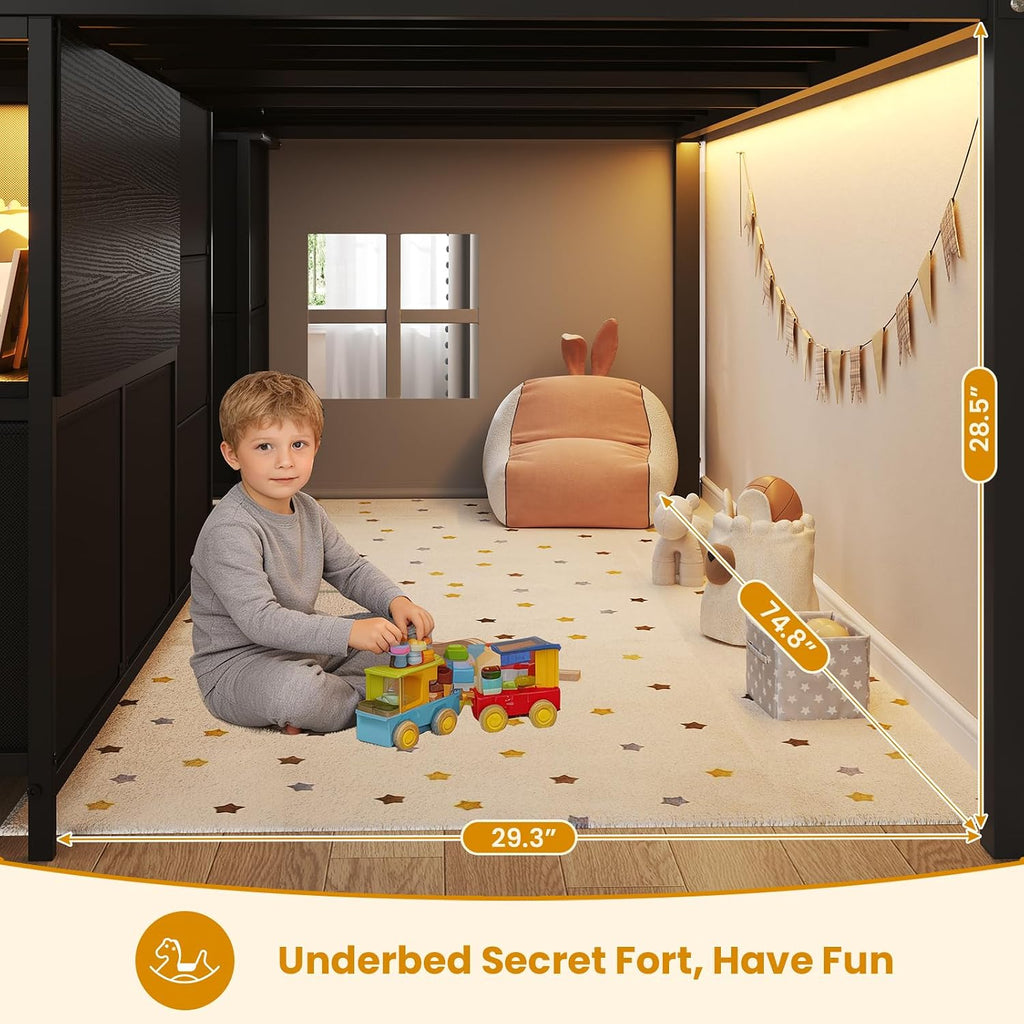ADORNEVE Low Loft Bed Twin Size with Stairs,7 Drawers, Bookcase and LED Lights, Metal Kids Loft Bed with 14' H Safety Guardrail,Inclined Ladder and Play Curtain, Under-Bed Play Space, Black