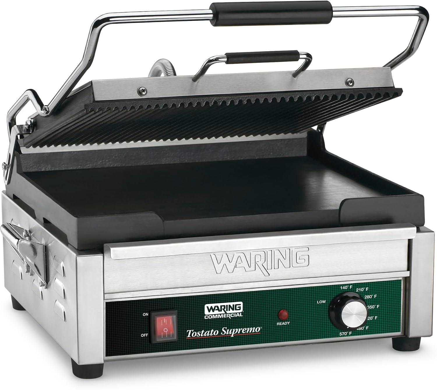 Waring Commercial Panini Press, Ribbed & Flat Cast Iron Plates, 14.5' x 11' Cooking Surface, 570°F Adjustable Thermostat, for Sandwiches up to 3' Thick, Professional Kitchen Grill, 120V, WDG250