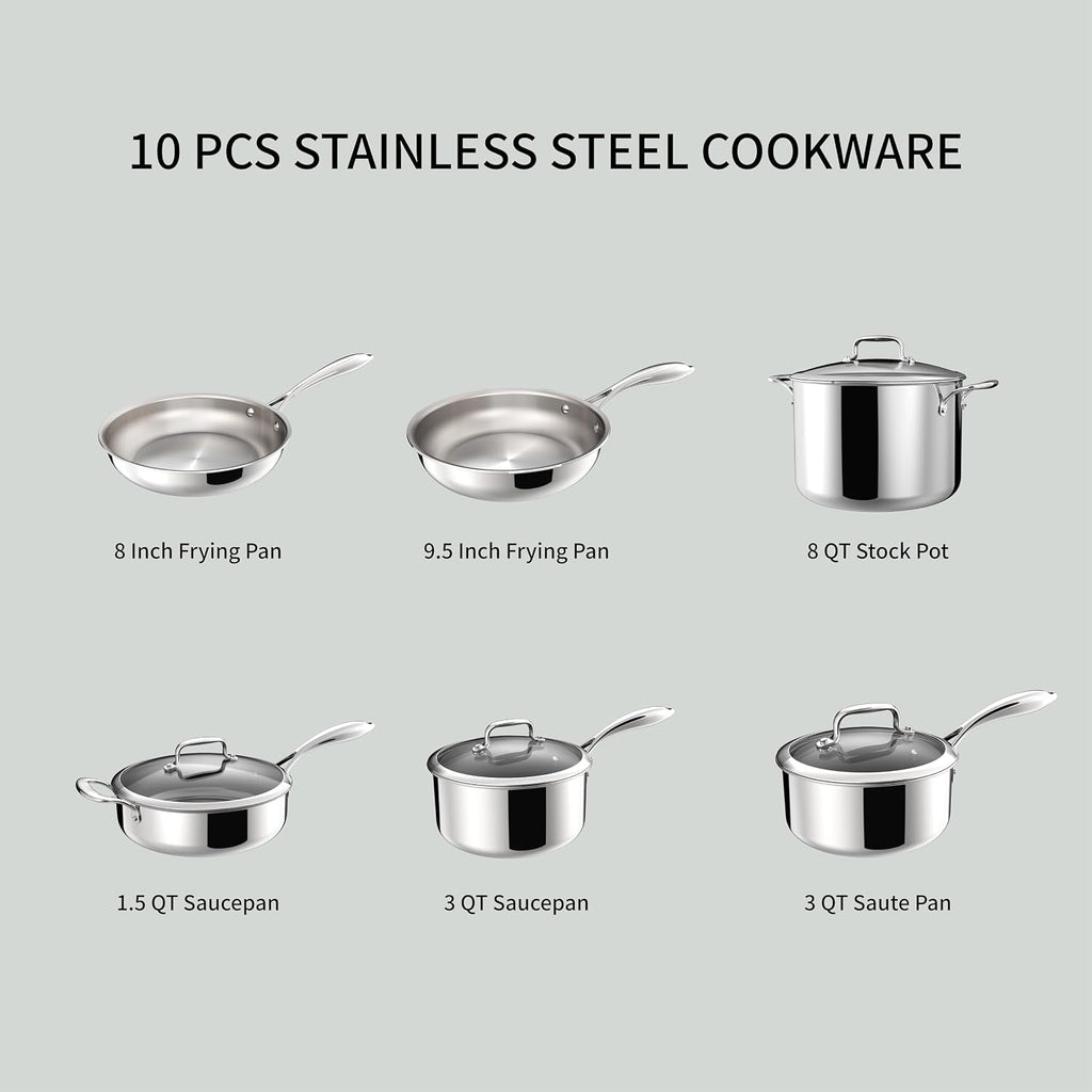 10 Piece Stainless Steel Pot and Pan Set, 5 Ply Clad, Includes Frying Pans, Saucepans, Saute Pan and Stock Pot, Compatible with All Cooktops, PTFE, PFAS and PFOA Free