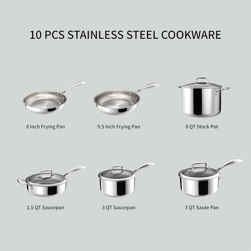 10 Piece Stainless Steel Pot and Pan Set, 5 Ply Clad, Includes Frying Pans, Saucepans, Saute Pan and Stock Pot, Compatible with All Cooktops, PTFE, PFAS and PFOA Free