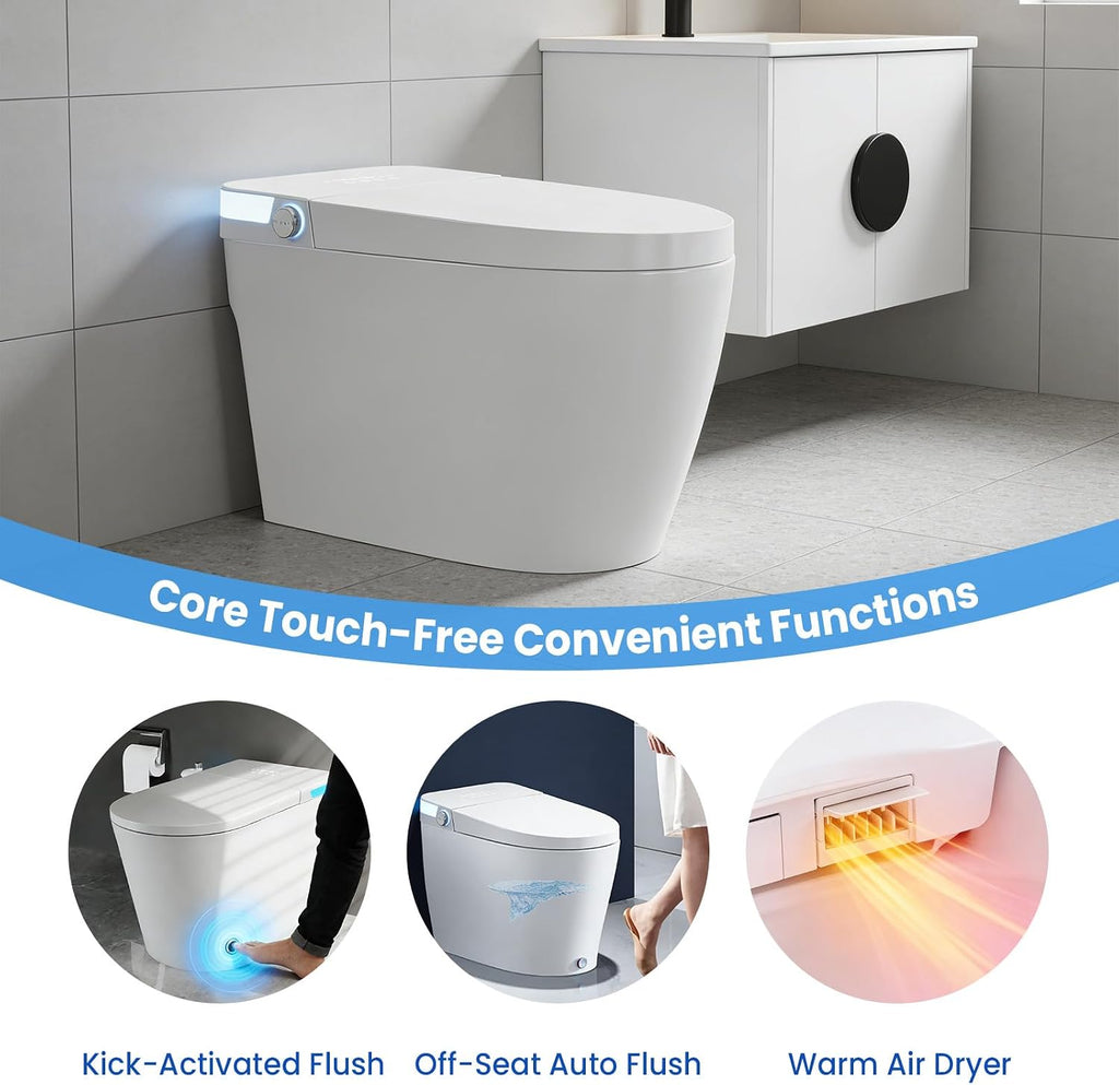 Smart Toilet with Bidet Built-In - Elongated One-Piece Design, Heated Seat, Auto Flush & Kick Sensor, Warm Water Wash, ADA Comfort Height, Night Light, LED Display, and Blackout Flush for Modern Bathr