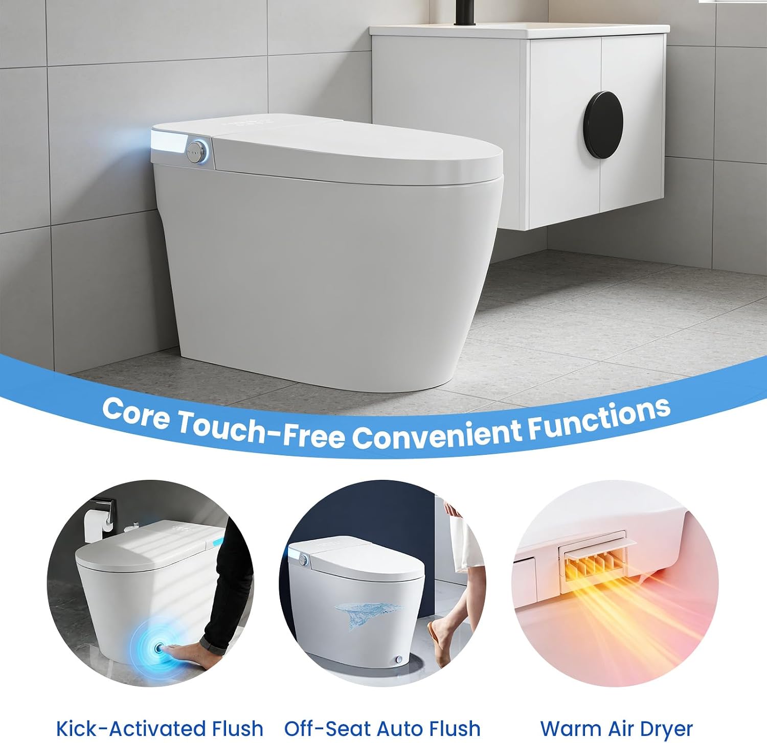 Smart Toilet with Bidet Built-In - Elongated One-Piece Design, Heated Seat, Auto Flush & Kick Sensor, Warm Water Wash, ADA Comfort Height, Night Light, LED Display, and Blackout Flush for Modern Bathr