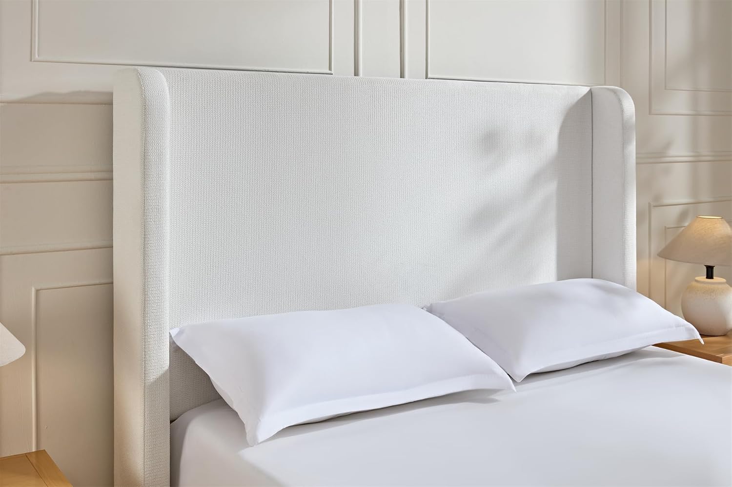 King Size Chenille Bed Frame with 54' Tall Headboard - Cream White Wingback Upholstered Platform Bed Elegant Simplicity Bedroom Furniture Strong Mattress Wood Slats Support No Box Spring Needed
