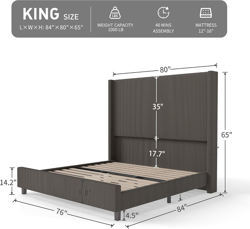 King Size Corduroy Upholstered Bed Frame with 65' Tall Headboard,USB Charging Station,Soft Washable Corduroy Cover with Wingback Headboard, Solid Wood Legs/Noise-Free/No Box Spring Needed/Brown