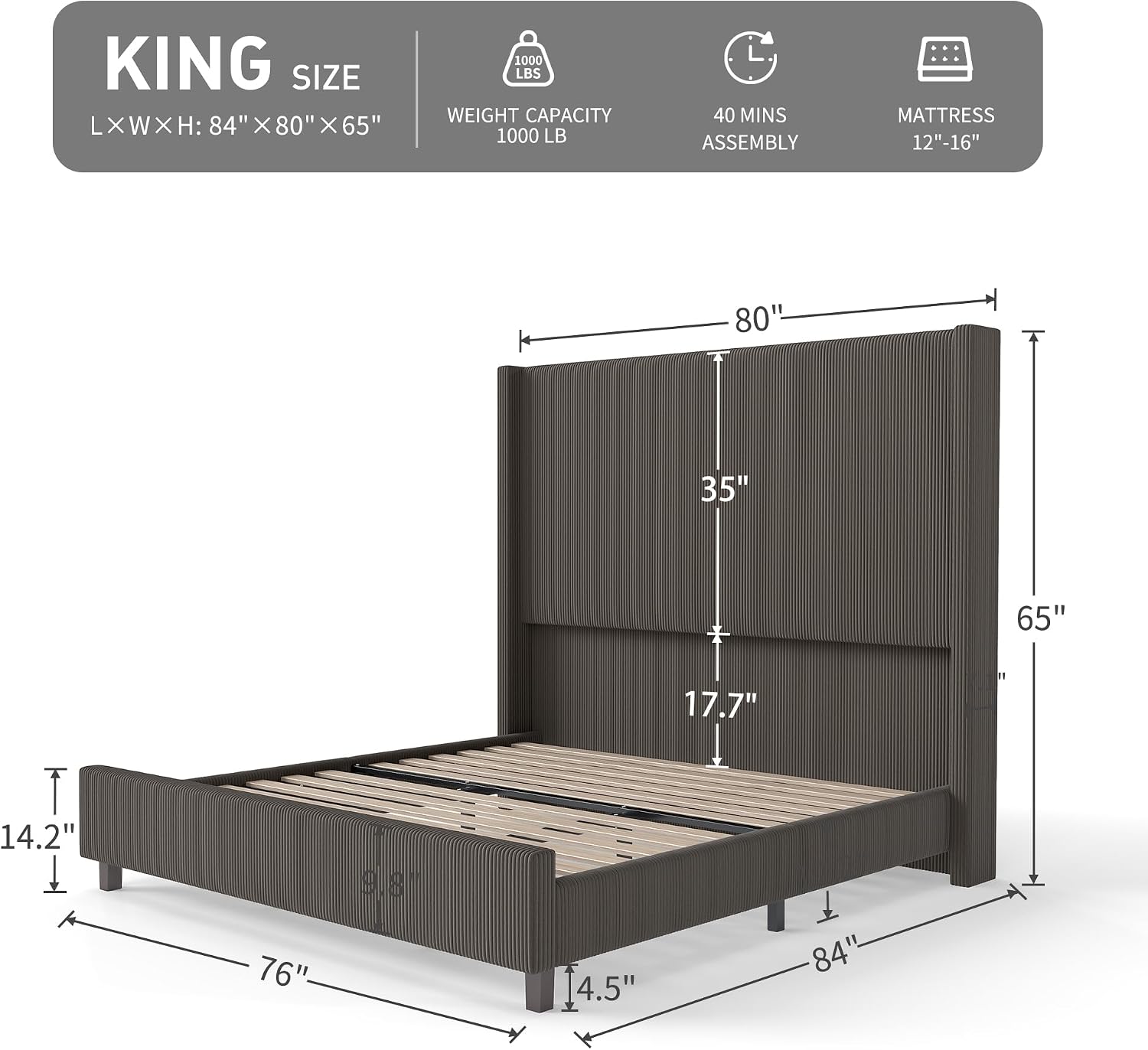King Size Corduroy Upholstered Bed Frame with 65' Tall Headboard,USB Charging Station,Soft Washable Corduroy Cover with Wingback Headboard, Solid Wood Legs/Noise-Free/No Box Spring Needed/Brown