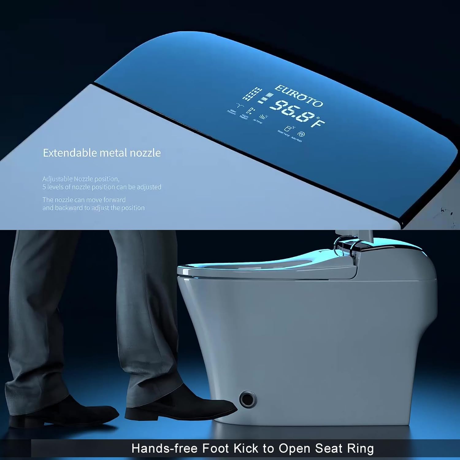 EUROTO Luxury Dual Flush Smart Toilet Bidet - Auto Open/Close Lid, Instant Heated Seat and Warm Water, Adjustable Water Pressure and Foot-Kick Sensor with 3-User Memory Setting