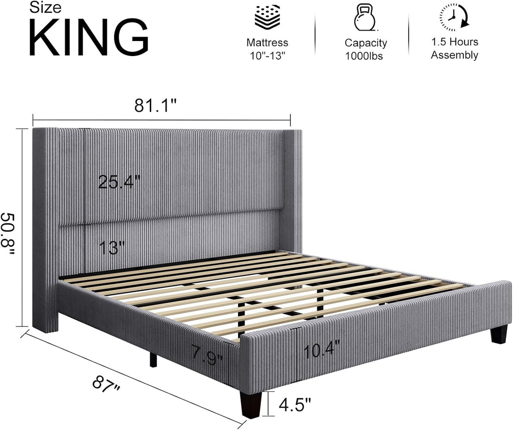 HOWE King Size Bed Frame with 50.8' Tall Wingback Headboard, Modern Corduroy Upholstered Platform Bed Frame with Solid Wood Slats & Legs, No Box Spring Needed, Noise-Reducing Design, Grey