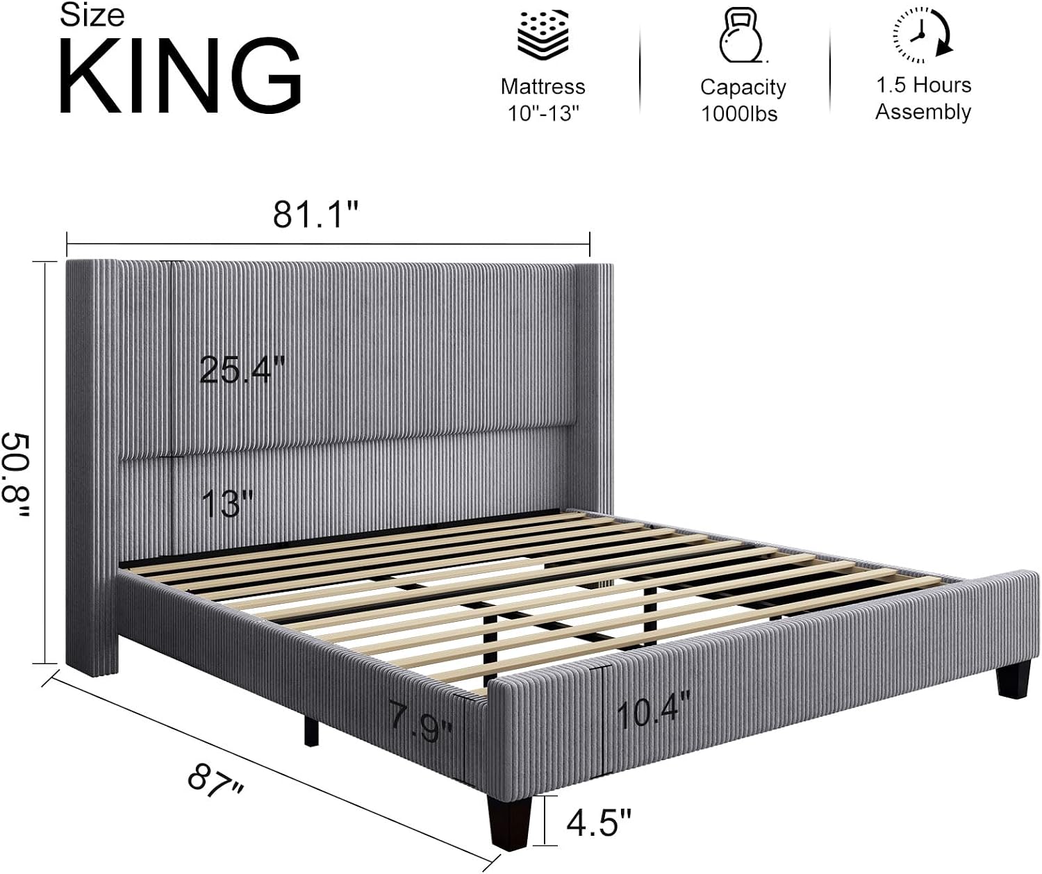HOWE King Size Bed Frame with 50.8' Tall Wingback Headboard, Modern Corduroy Upholstered Platform Bed Frame with Solid Wood Slats & Legs, No Box Spring Needed, Noise-Reducing Design, Grey