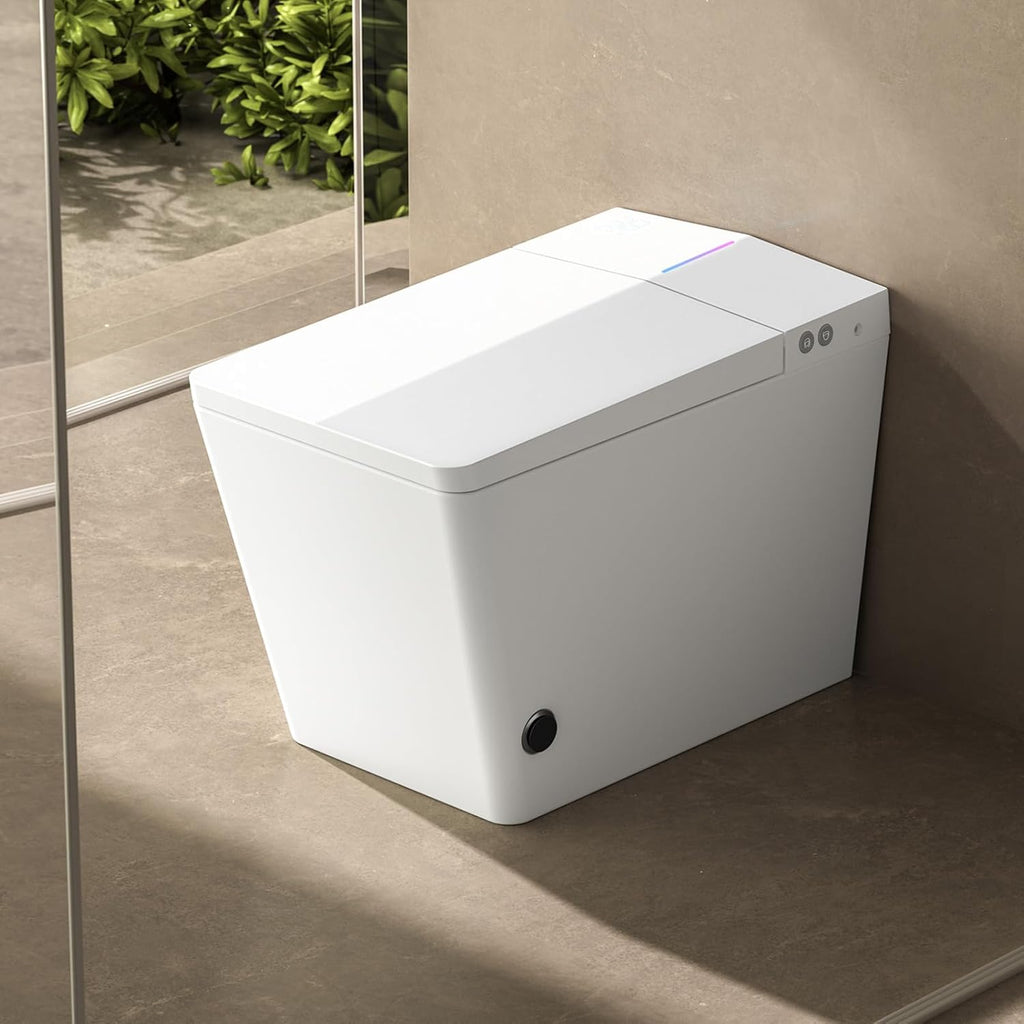 Square Smart Bidet Toilet with Built-In Tank for Bathroom, Remote Control, Foot Touching Lid Opening, Auto Flush, Heated Seat, LED Digital Display, User Memory, White
