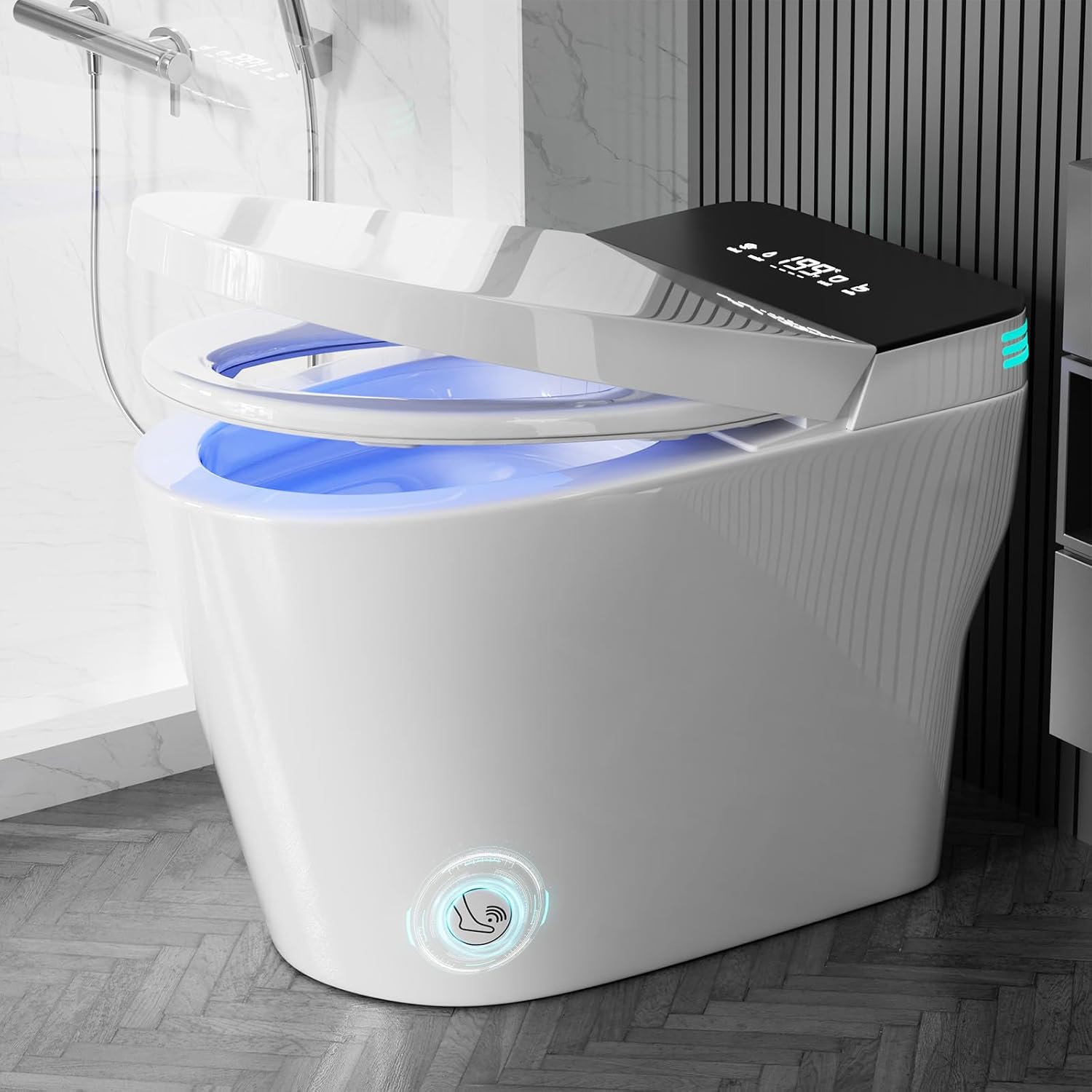 Smart Toilet with Bidet Built In ADA Height 17.7', One Piece Tankless Bidet Toilet with Auto Open Close, Foam Shield, Voice Control Modern Elongated Toilet with Heated Seat, Warm Water & Dryer