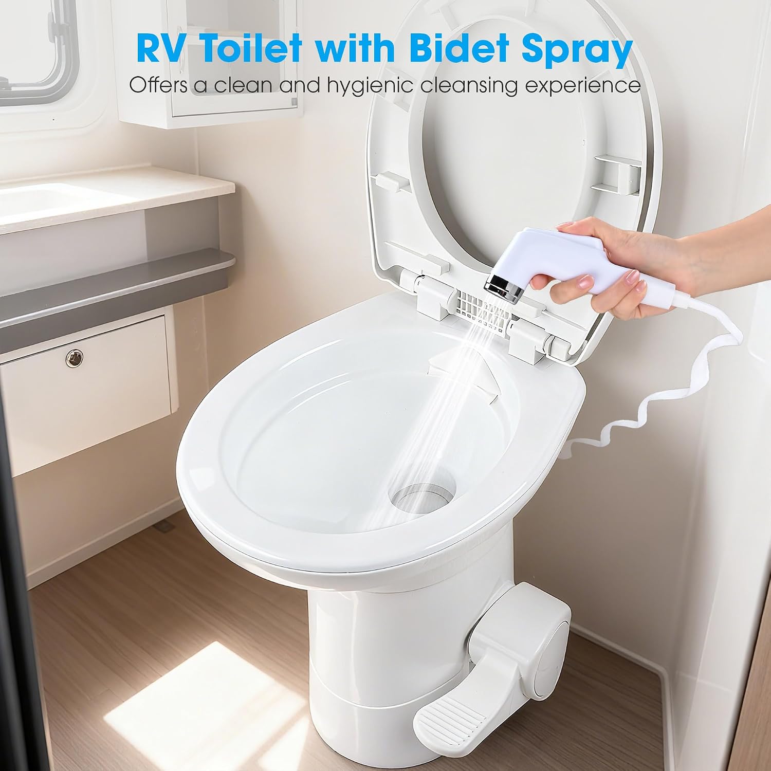 Yescom RV Toilet with Bidet Spray Porcelain Enamel Elongated Gravity Flush Foot Pedal Toilet for Motorhome Caravan Travel Tailer 20' Seating Height Portable Restroom Toilet Fits for Marine