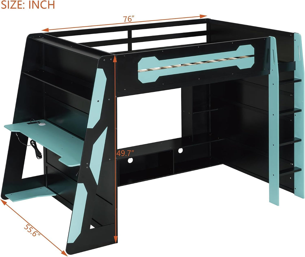 Bellemave Gaming Loft Bed with Desk and Lights, Full Loft Bed with Storage Shelves and Work Station, Wood Loft Bed Frame for Kids, Boys, Girls, Teens, No Spring Box Needed & Dedicated Style, Blue