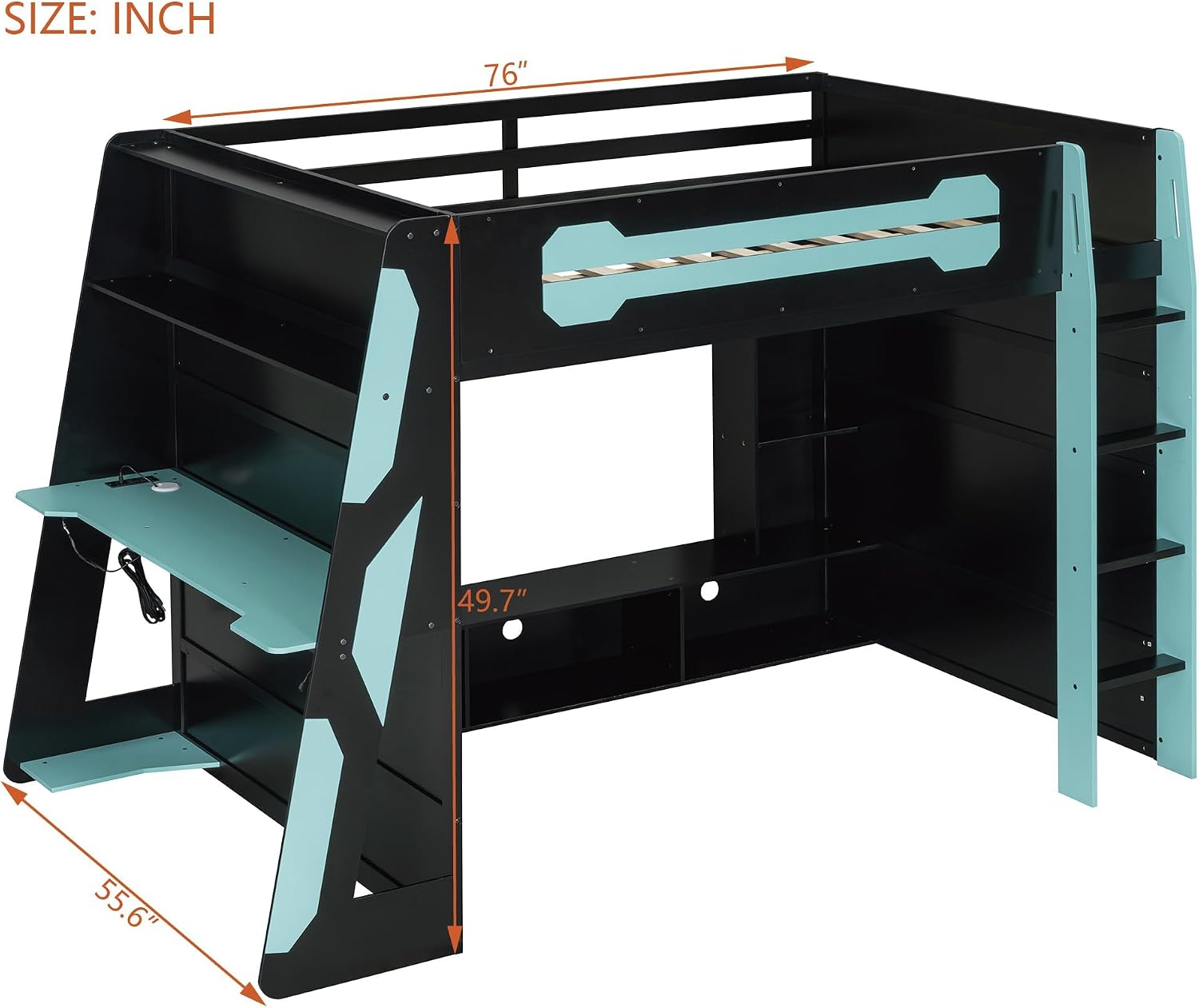 Bellemave Gaming Loft Bed with Desk and Lights, Full Loft Bed with Storage Shelves and Work Station, Wood Loft Bed Frame for Kids, Boys, Girls, Teens, No Spring Box Needed & Dedicated Style, Blue