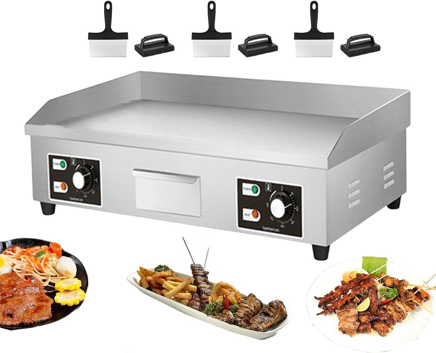 Electric Griddle, Commercial Flat Top Grill, Stainless Steel Steak Bacon Fryer, Countertop Burger Bacon Grill Plate Pancake Maker, with 3 Cleaning Shovels & 3 C，4400W