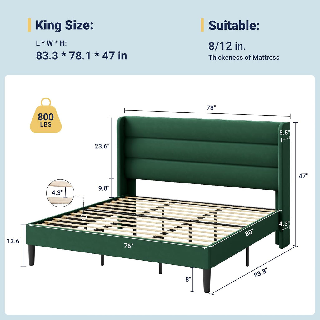Allewie King Size Platform Bed Frame with Velvet Upholstered Wingback Headboard, No Box Spring Needed, Strong Wooden Slats, Under Bed Storage Space, Modern Mattress Foundation, Easy Assembly, Green