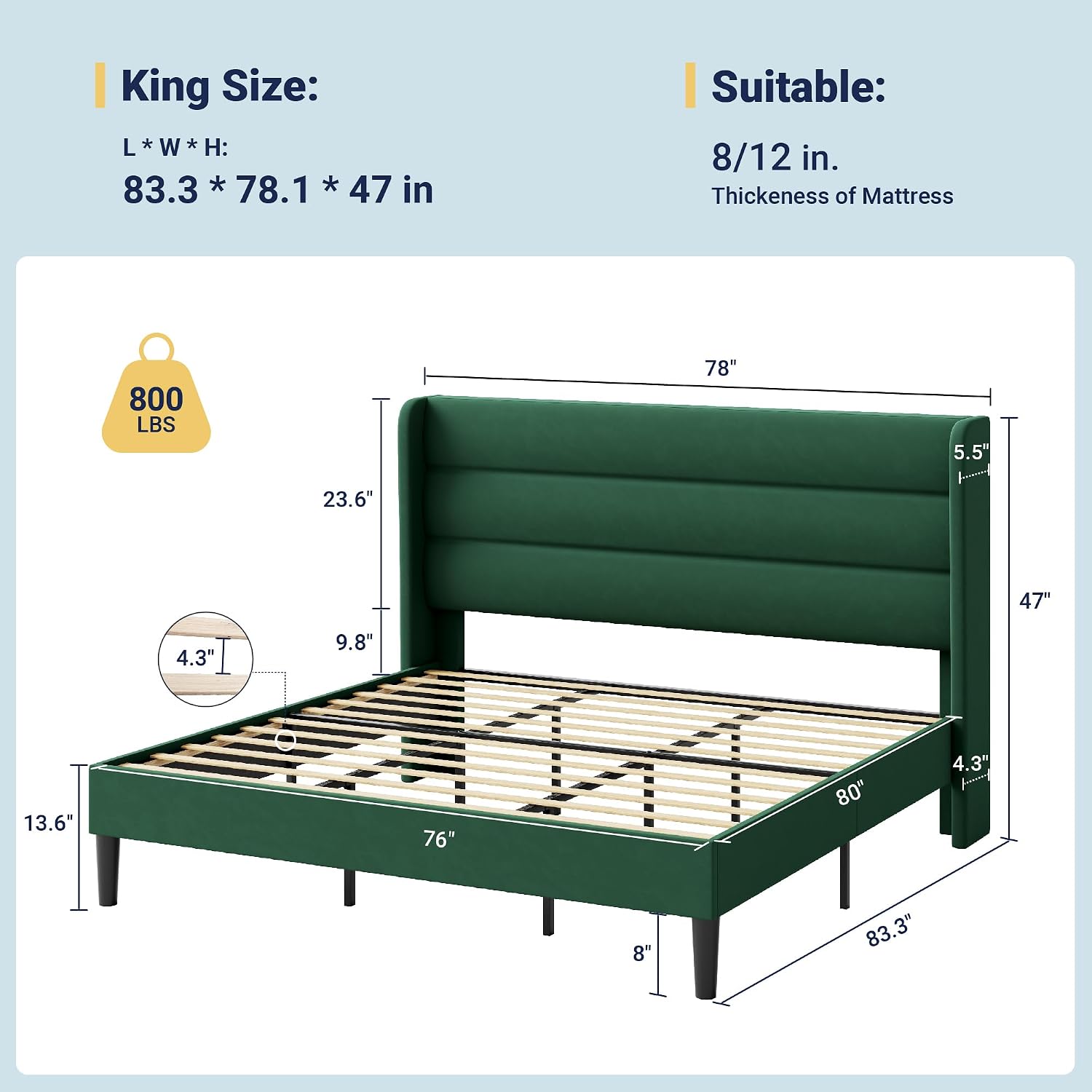 Allewie King Size Platform Bed Frame with Velvet Upholstered Wingback Headboard, No Box Spring Needed, Strong Wooden Slats, Under Bed Storage Space, Modern Mattress Foundation, Easy Assembly, Green