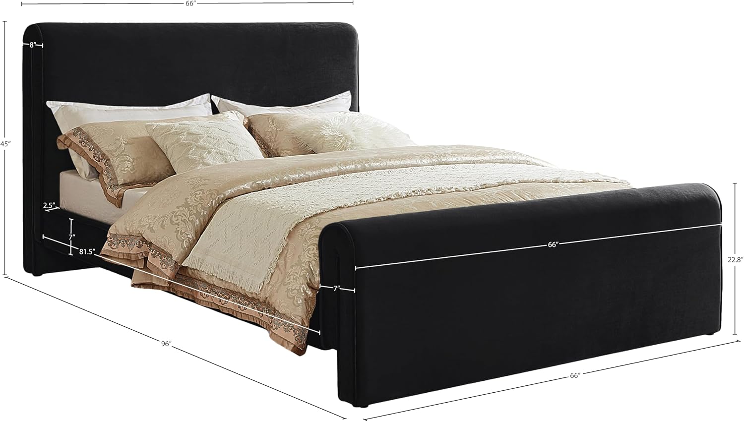 Meridian Furniture SloanBlack-Q Sloan Collection Modern | Contemporary Velvet Upholstered Queen Bed with Rich Soft Black Velvet, Curved Headboard and Footboard, 66' W x 96' D x 45' H, Black, Queen