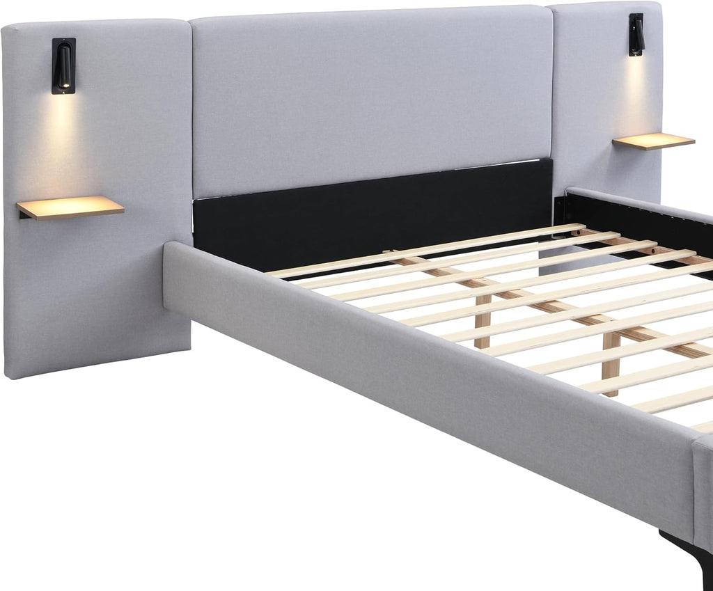 Merax Queen Size Chic Boucle Upholstered Platform Bed with Integrated Lights and Shelves, Bed Frame with Iron Legs for Teens Adults, Grey