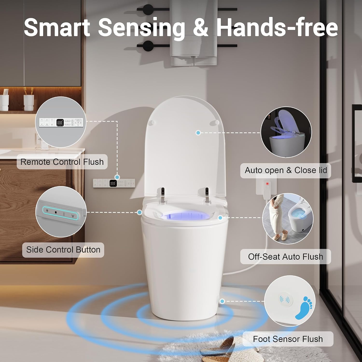 Smart Toilet with Tank, Luxury Electric Bidet Toilet with Cleaner Tablets, Elongated Heated Seat, Dual Auto Flush/Lid&Seat, Foot Sensor, UV-C light, One Piece Toilets with Dryer, LED Display