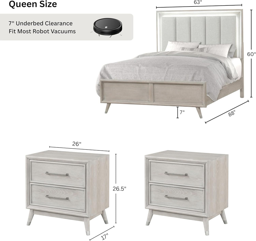 Roundhill Furniture Seluna 3-Piece Bedroom Set with Touch LED Lighting, Gray Oak Finish, Queen