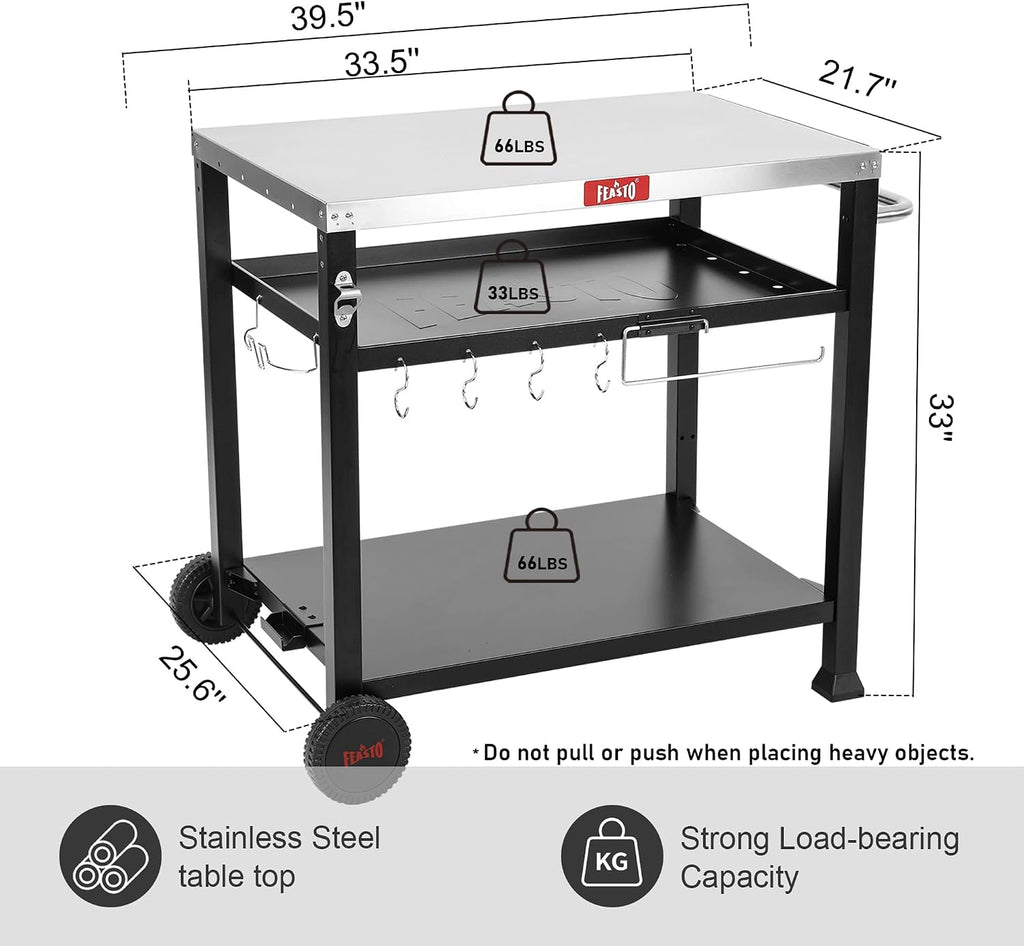 Feasto 3-Shelf Pizza Oven Table 33.5' x 21.7' Stainless Top, Rolling Outdoor Grill Cart with Waterproof Cover for Pizza Ovens & Griddles, Heavy-Duty BBQ Prep Station for Patio & Deck, Black