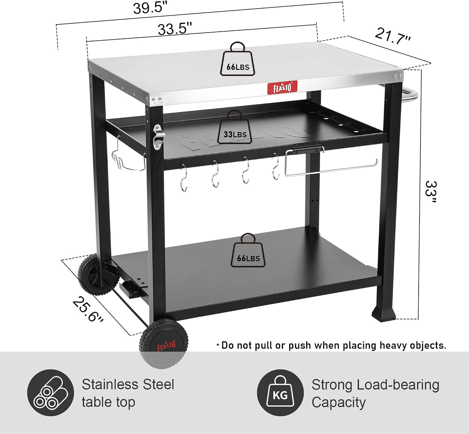 Feasto 3-Shelf Pizza Oven Table 33.5' x 21.7' Stainless Top, Rolling Outdoor Grill Cart with Waterproof Cover for Pizza Ovens & Griddles, Heavy-Duty BBQ Prep Station for Patio & Deck, Black