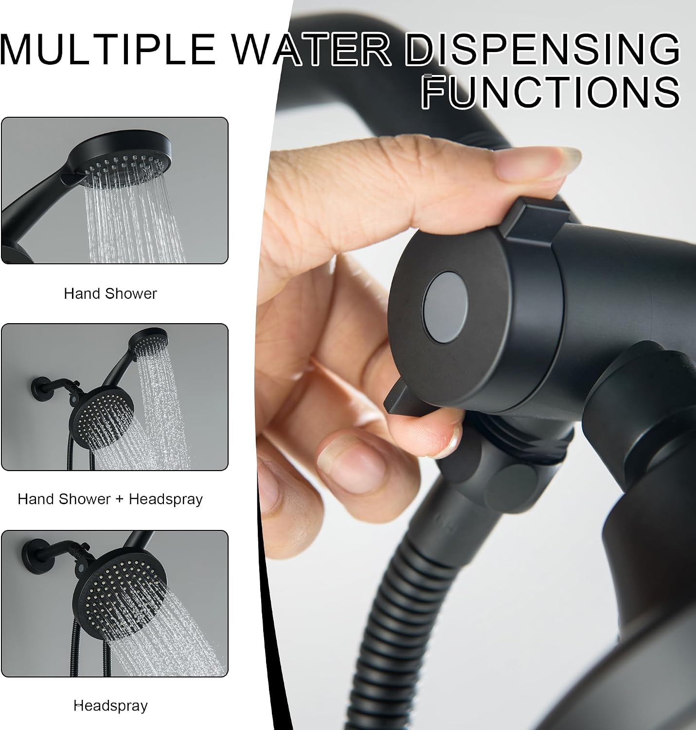 LIWEIKE 3 Handle Tub Shower Faucet Set Matte Black Three Knob Shower Faucet with Tub Spout and Adjustable Extension Shower Arm Roug-in Valve