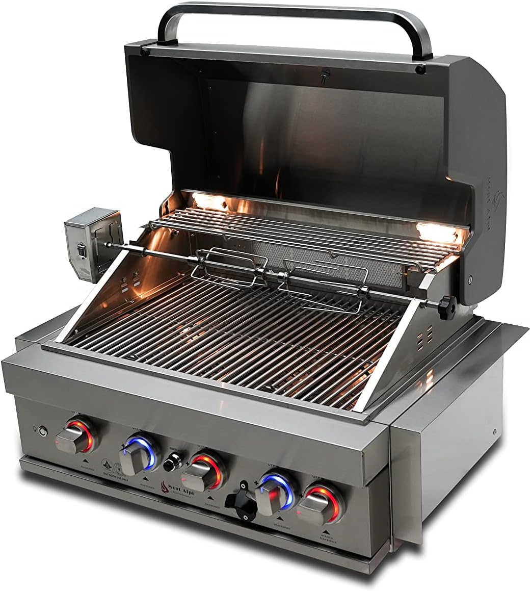 Mont Alpi Premium 32'W x 23'D x 21'H Stainless Steel 4-Burner 63000 BTUs Outdoor Kitchen Kitchen Island Heavy Duty Propane Built-in BBQ Grill Head with Infrared Rear Burner + Rotisserie Kit + Cover