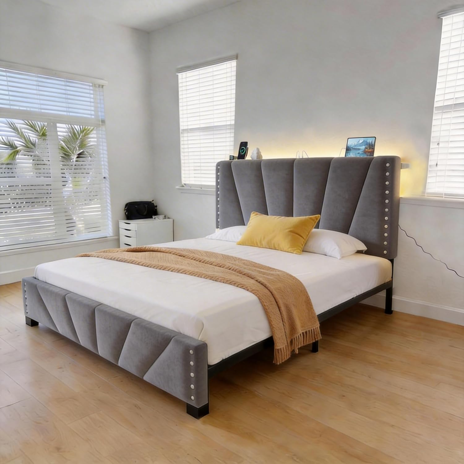 EnHomee Twin Platform Bed Frame with Velvet Upholstered Adjustable Headboard, LED Lights, and Charging Station for Bedroom, Apartment, and Dorm, No Box Spring Needed, Noise-Free, Easy Assembly, Gray