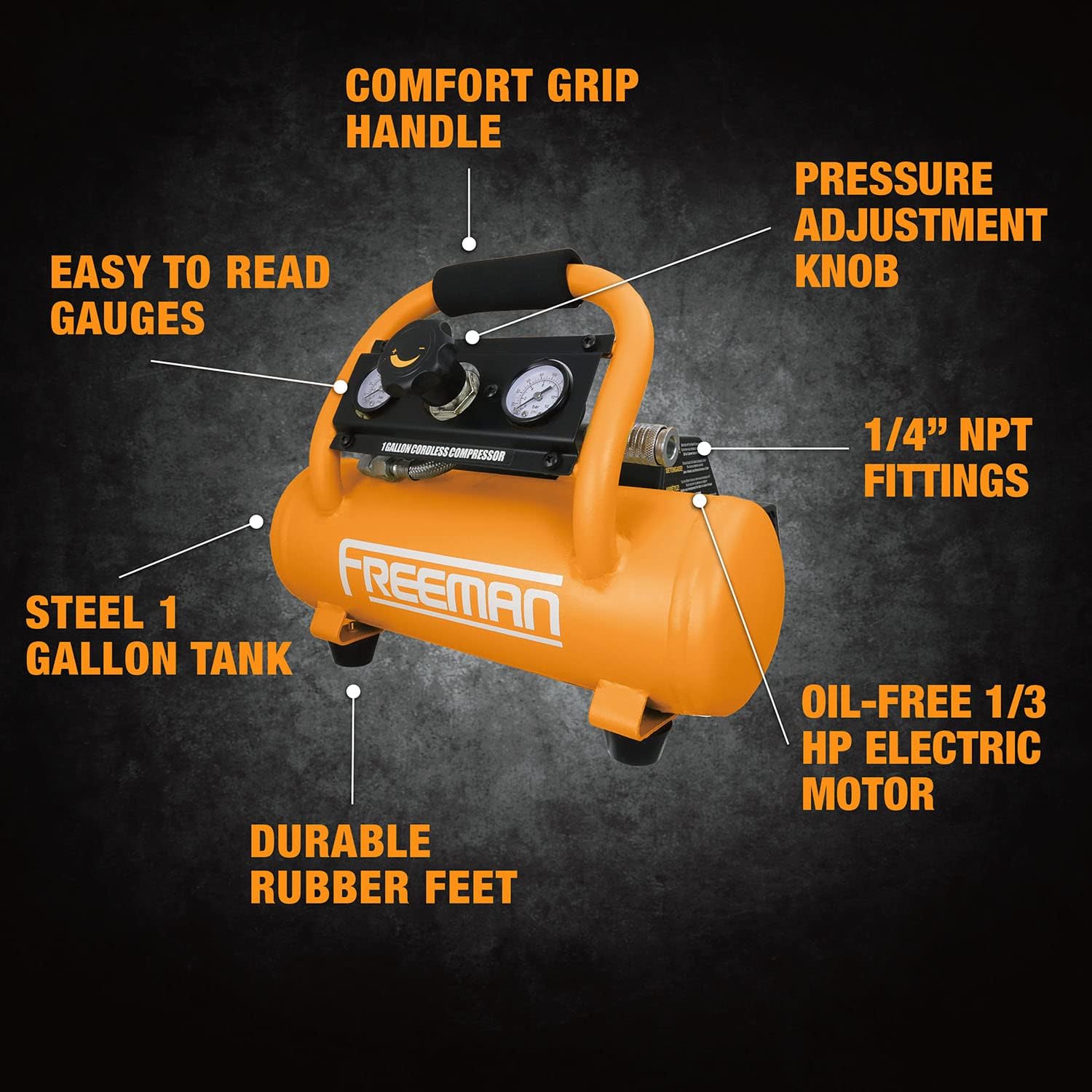 Freeman PE1GCCK 20V Cordless 1 Gallon Air Compressor with 3-in-1 Pneumatic Finish Nailer/Stapler, Battery, Charger, Air Hose, Inflation Accessory Kit and Fasteners (600 Count) – 700 Shots per Charge