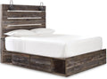 Signature Design by Ashley Drystan Rustic Queen Panel Platform Bed with 2 Storage Drawers, Open Cubbies, Sconce LED Lights and USB Ports, Foundation or Box Spring Not Needed, Dark Brown & Gray