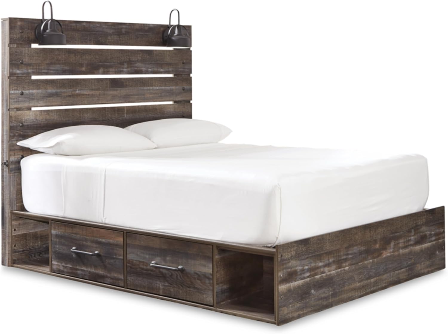Signature Design by Ashley Drystan Rustic Queen Panel Platform Bed with 2 Storage Drawers, Open Cubbies, Sconce LED Lights and USB Ports, Foundation or Box Spring Not Needed, Dark Brown & Gray