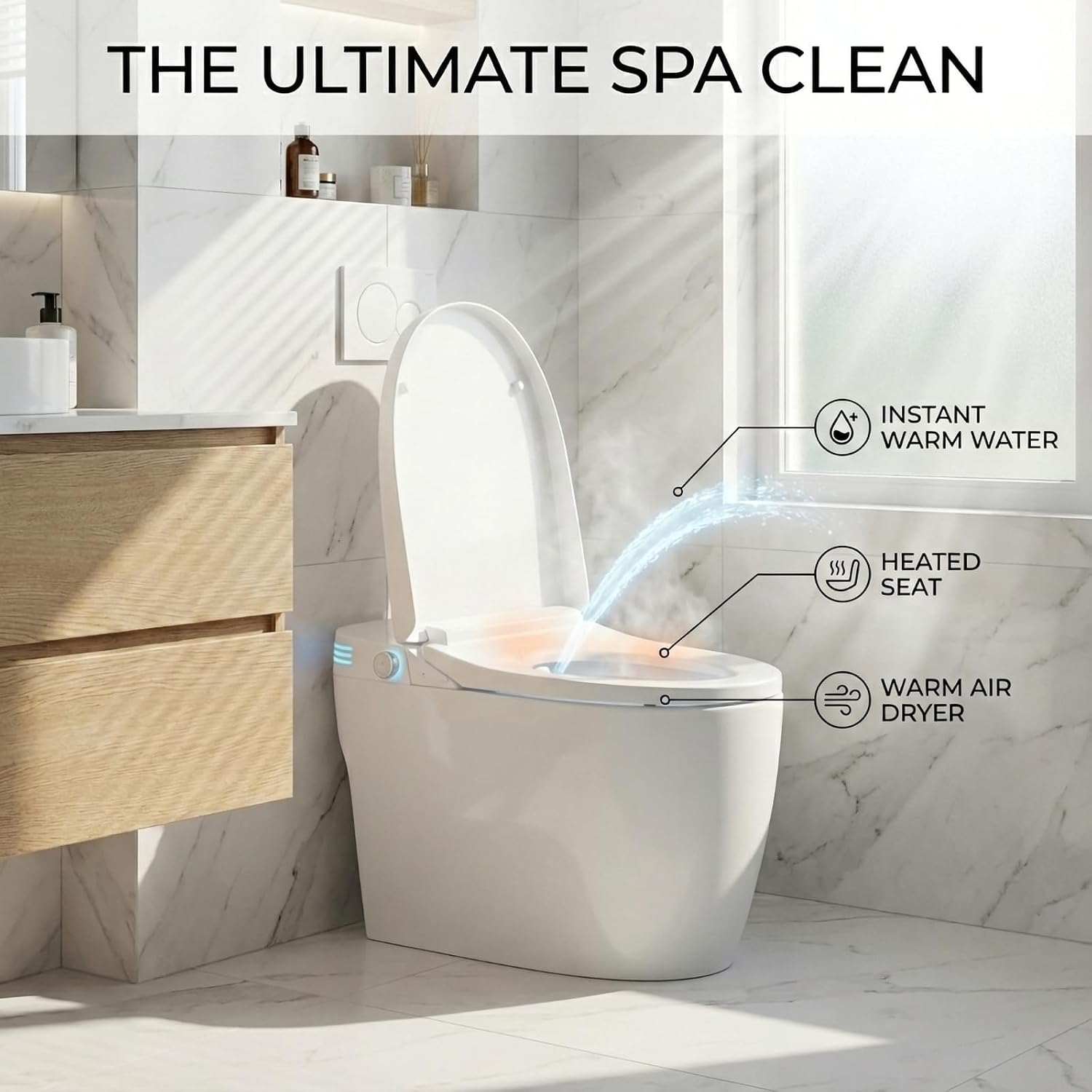Smart Toilet with Bidet Built In, Heated Toilet Seat with Auto Open/Close Lid and Massage Washing, One Piece Bidet with Warm Water, Dryer, Night Light, LED Display, Tankless Toilets 1.28GPF
