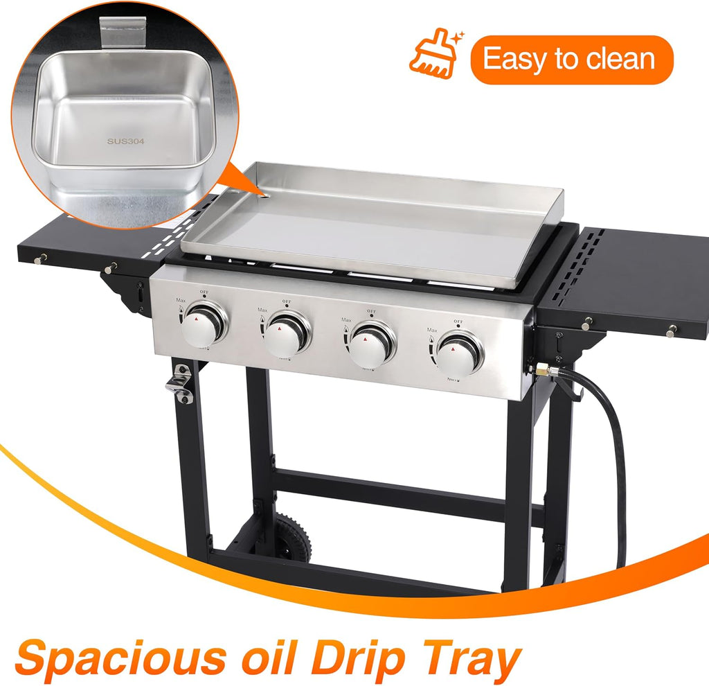 4 Burner Propane Flat Top Grill, 22 Inch Stainless Steel Griddle with Detachable Tabletop & Cart, Portable BBQ Cooker with Side Shelf & 2 Wheels, Dust Cover & Hose for Camping Tailgating