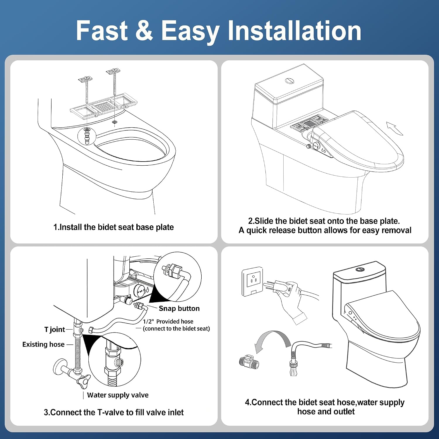 Electric Smart Bidet Toilet Seat with Remote Control, Heated Seat, Instant Warm Water & Air Dryer, Advanced Safety Features, Stainless Steel Nozzle, Slow Close Lid, Silent, Elongated, White