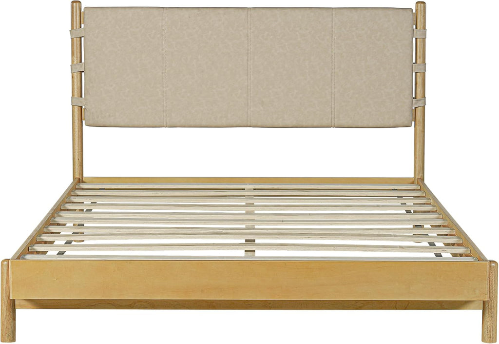 Premium Rubber Wood Platform Bed Frames, Queen Size Bed Frame with Headboard Included, Mid Century Modern Beds, Beige
