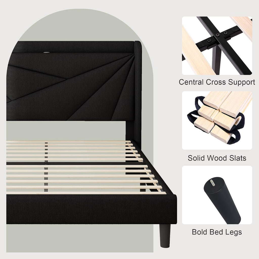 Feonase Queen Size Bed Frame with Charging Station, Linen Upholstered Platform Bed Frame with Wingback Storage Headboard, Solid Wood Slats Support, No Box Spring Needed, Noise Free, Black