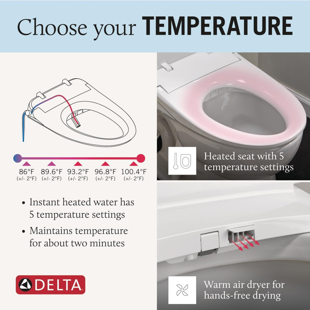 Delta Faucet Refresh Ultimate Elongated Electric Bidet Toilet Seat, Warm Water Bidet, Heated Seat Bidet, Bidet with Dryer, Bidet Attachment for Toilet, Bidet Toilet Seat Elongated, White 893007E-WH