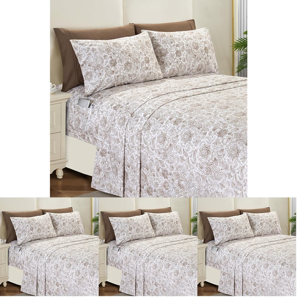 Elegant Comfort Softest and Coziest 6-Piece Sheet Set - 1500 Premium Hotel Quality Microfiber - Deep Pocket, Wrinkle Resistant 6-Piece Paisley Pattern Bed Sheet Set, King, Paisley Taupe (Pack of 4)