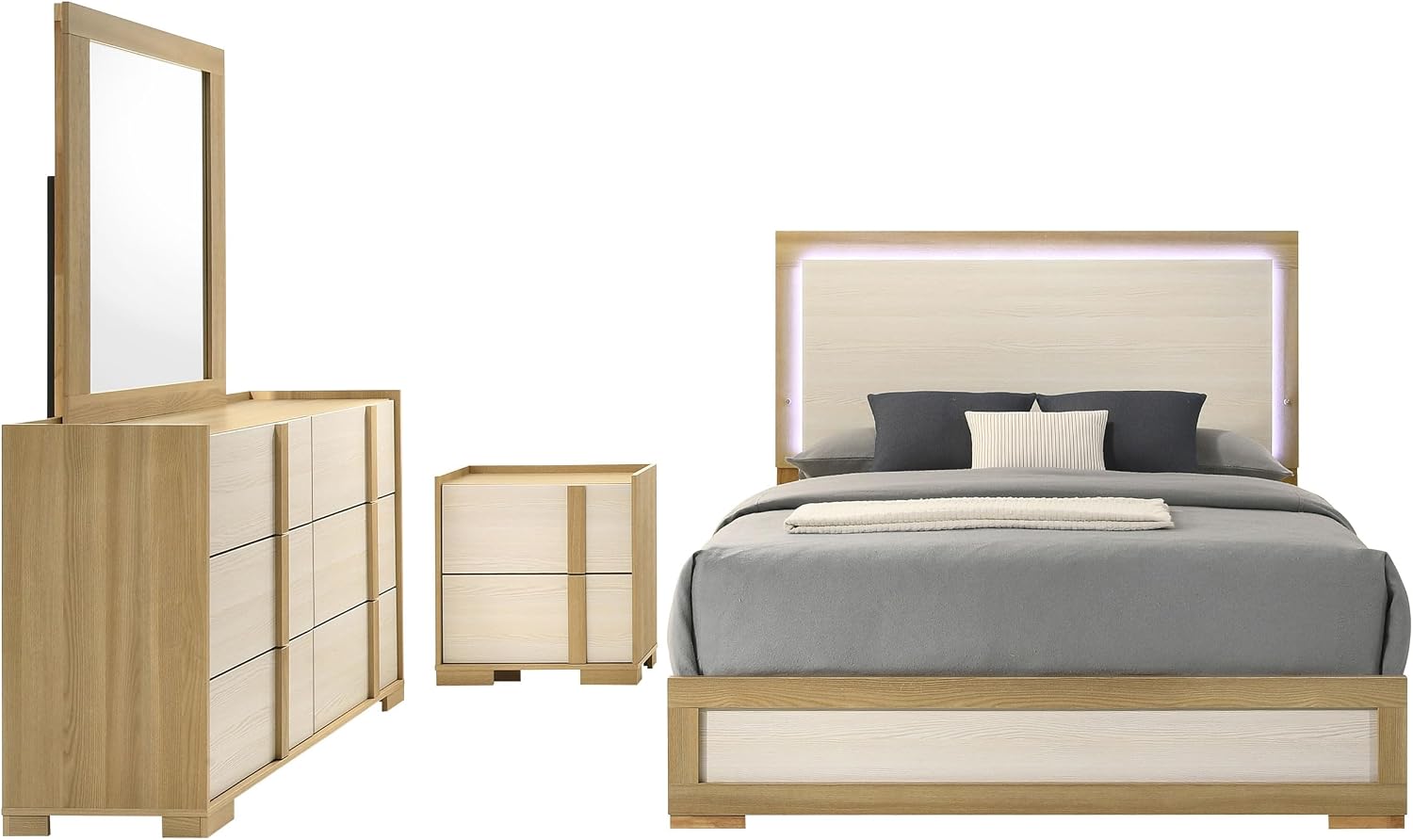 Coaster Home Furnishings Hyland Coastal 4-Piece Bedroom Set Upholstered Eastern King Size LED Panel Bed Frame 52-inch Headboard Natural 215651KE-S4