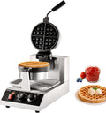 VEVOR Commercial Waffle Maker, 1300W Round Waffle Iron, Non-Stick Rotatable Waffle Baker Machine With 122-572℉ Temp Range and Time Control, Teflon-Coated Baking Pan Stainless Steel Body 110V