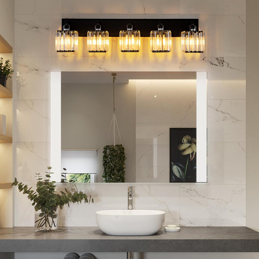 Black Crystal Bathroom Lighting Fixtures, 5 Light Modern Crystal Bathroom Vanity Lights Over Mirror, Wall Light Bathroom Light Fixtures