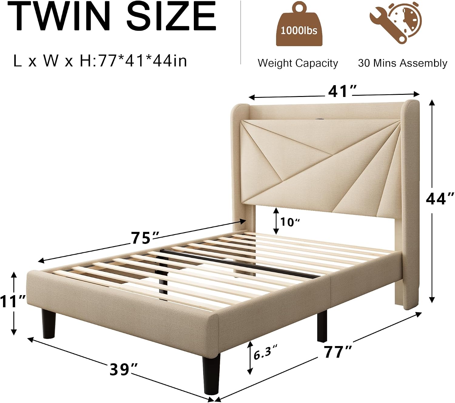 Einhomn Twin Size Upholstered Bed Frame with Charging Station, Platform Bed Frame with Storage Headboard, Solid Wood Slats Support, No Box Spring Needed, Beige